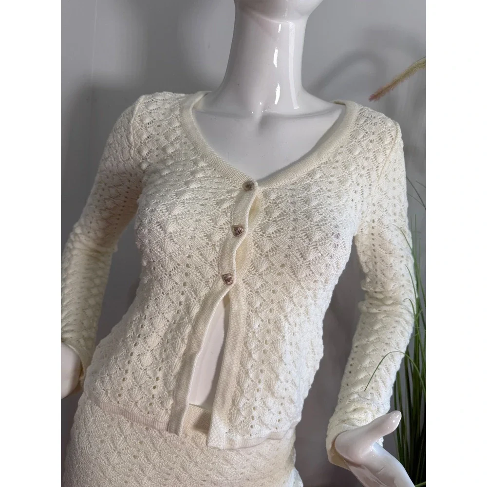 Commense Cotton Blends Hollow Skirt Set Womens Bohemian Outfit Off-White‎  XS